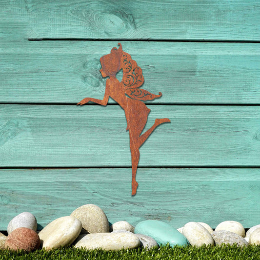 Thank you for the clarification! The design features a silhouette of a fairy in a graceful pose, with flowing hair and wings. The fairy is captured in mid-motion, bringing a sense of whimsy and elegance to the artwork.