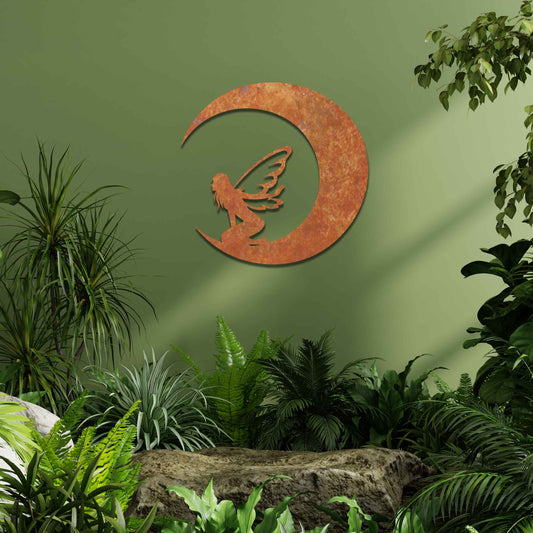 This design showcases a fairy sitting within the curve of a crescent moon, adding a mystical touch with delicate wings. The flowing, simple lines of the crescent and the fairy's posture create a peaceful, ethereal feeling, perfect for enhancing a serene space.