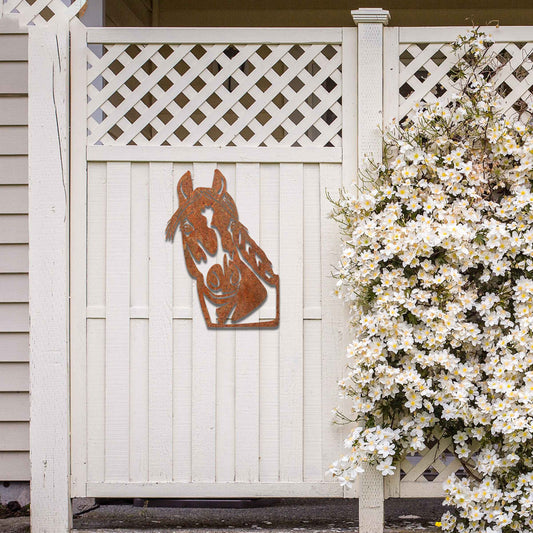 The artwork features a horse’s head in profile, showcasing the detailed features and the horse's gentle expression. The lines emphasize the flowing mane and strong facial structure of the animal.