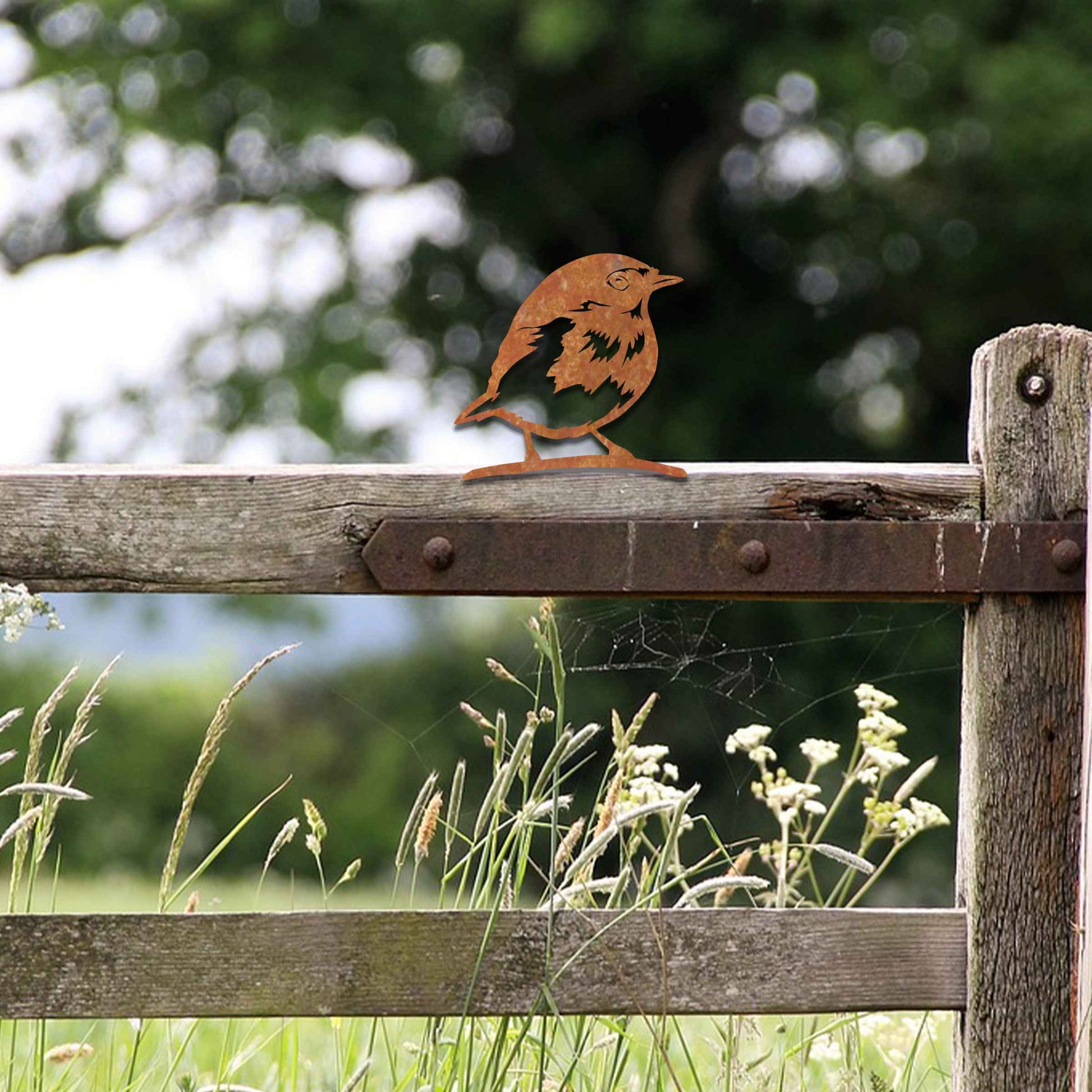 Metal garden decoration featuring a robin silhouette with a rustic finish, designed to sit atop fences or posts, adding a charming and natural touch to outdoor garden spaces.