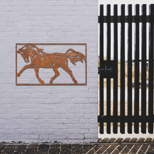 This design features a beautifully detailed representation of a horse in mid-gallop, capturing the power and grace of the animal. The flowing mane and muscles in motion highlight the dynamic nature of the horse, framed elegantly for a striking visual effect.