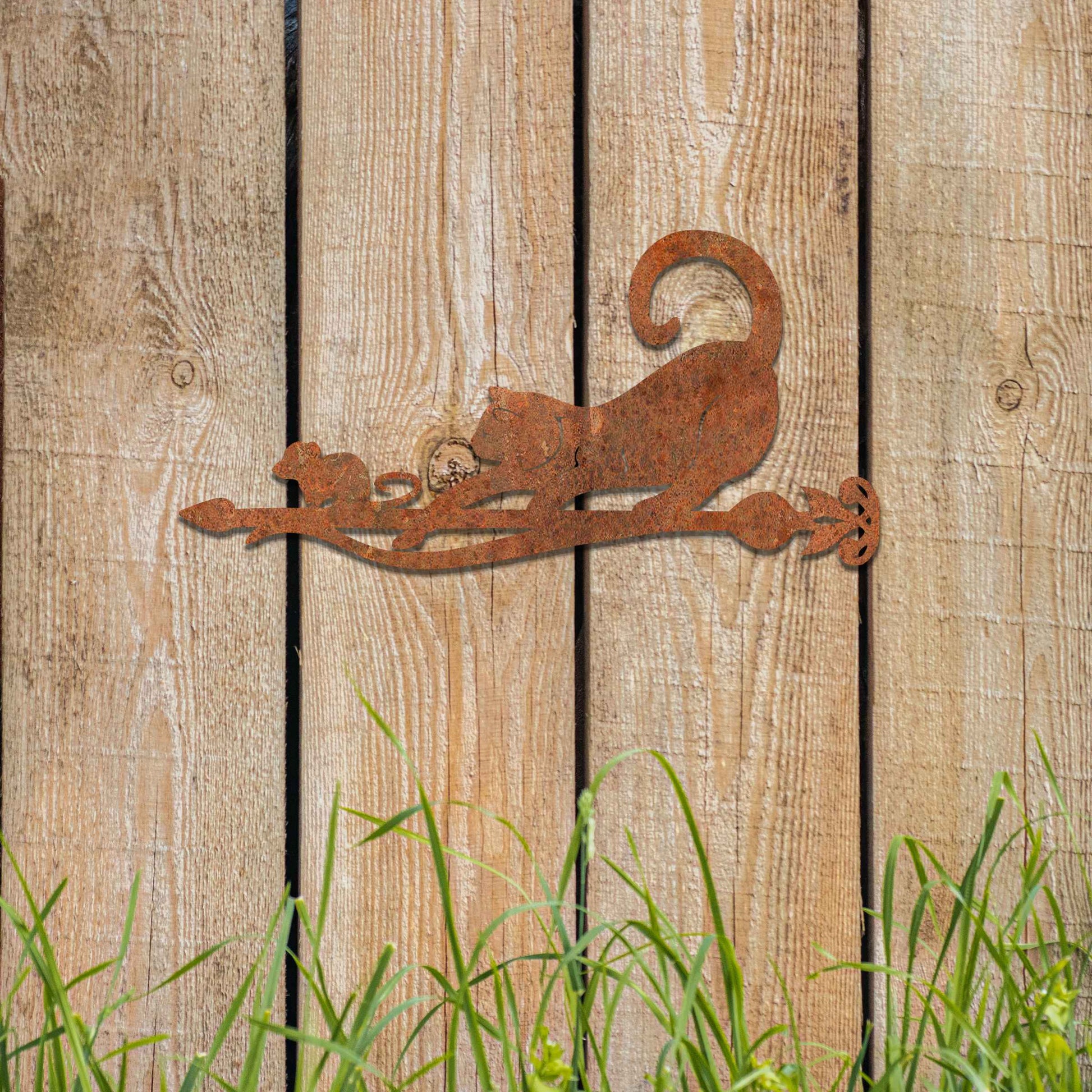 Metal garden decoration featuring a playful cat and mouse silhouette on a decorative branch, crafted with intricate details and a rustic finish, adding a whimsical and charming touch to outdoor spaces.