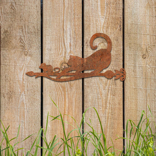 Metal garden decoration featuring a playful cat and mouse silhouette on a decorative branch, crafted with intricate details and a rustic finish, adding a whimsical and charming touch to outdoor spaces.