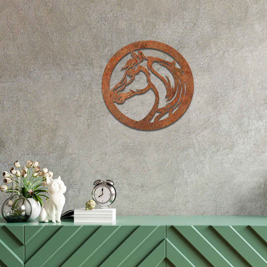 Metal wall art featuring a detailed horse's head within a circular frame, designed with flowing lines and intricate details, perfect for horse lovers.