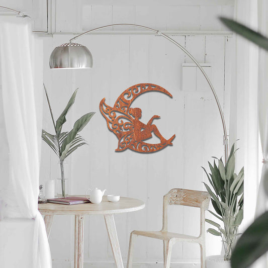 This design features a fairy seated gracefully on a crescent moon, with intricate, swirling patterns on the moon and the fairy’s wings. The detailed curves and flowing lines of the design create a whimsical, peaceful atmosphere, perfect for adding a touch of magic to any room.