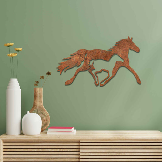 Metal wall art of a running horse, captured in motion with flowing mane and tail. The horse is designed with fluid lines, giving a dynamic impression of speed and energy.