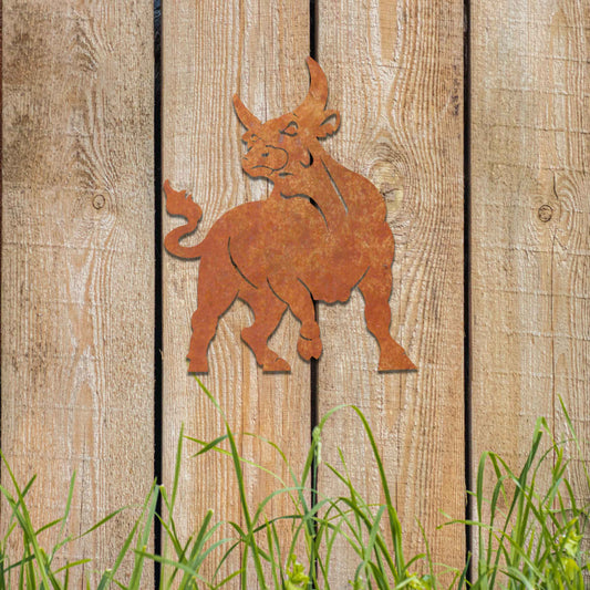 This design features a strong, dynamic bull with bold lines emphasizing its muscular structure and stance. The bull is depicted in an alert, powerful pose, capturing its essence of energy and determination.