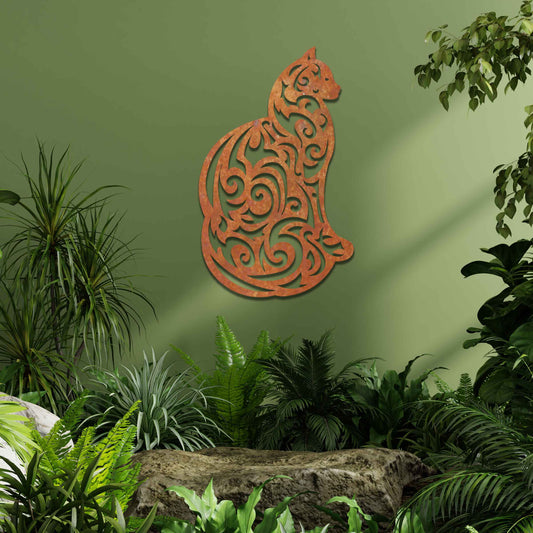 This design features a silhouette of a cat in profile, its body adorned with intricate swirls and patterns. The cat sits gracefully, showcasing elegant detailing throughout the design.
