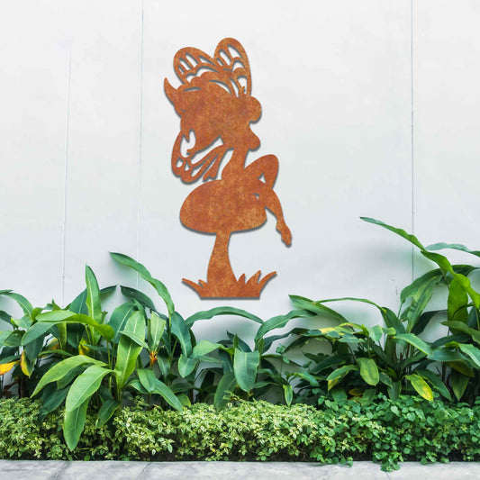 This image features a fairy perched on a mushroom, its silhouette highlighted by intricate wings. The whimsical design is enhanced by the playful stance of the fairy, adding a touch of enchantment to any garden or outdoor space.
