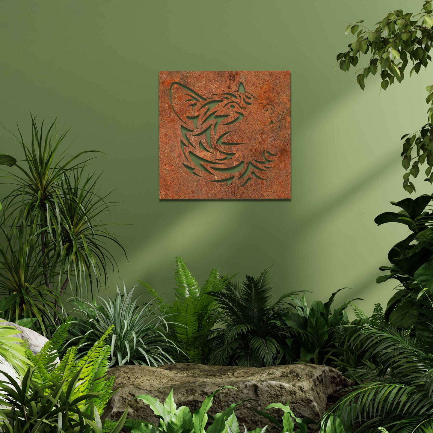 This artwork features a captivating metal design of a cat's face with intricate cut-out details, perfect for a modern, minimalistic decor setting. The cat's profile is beautifully crafted, adding a touch of elegance to any space.
