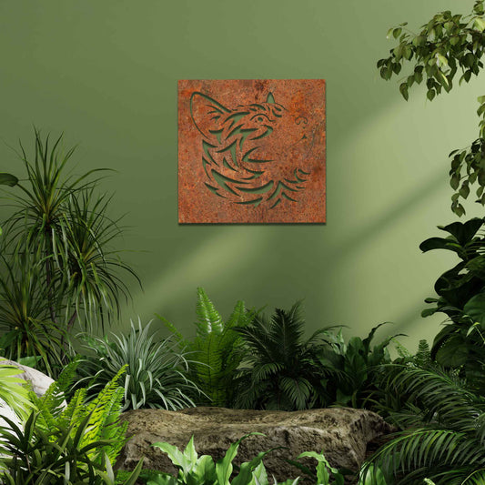 This artwork features a captivating metal design of a cat's face with intricate cut-out details, perfect for a modern, minimalistic decor setting. The cat's profile is beautifully crafted, adding a touch of elegance to any space.