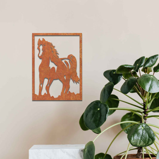 The design features a dynamic and powerful horse captured mid-motion, showcasing the fluidity of its galloping form. The artwork is framed, highlighting the horse’s graceful yet strong silhouette.