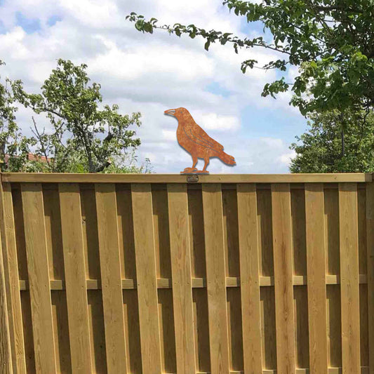 Metal garden decoration featuring a crow silhouette with a rustic finish, designed to sit atop fences or garden posts, adding a bold and distinctive touch to outdoor spaces.
