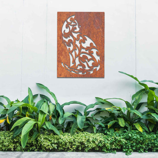 This is a beautiful metal wall art design featuring a cat silhouette with intricate swirling patterns, showcasing a blend of elegance and artistic detail, perfect for modern home decor.