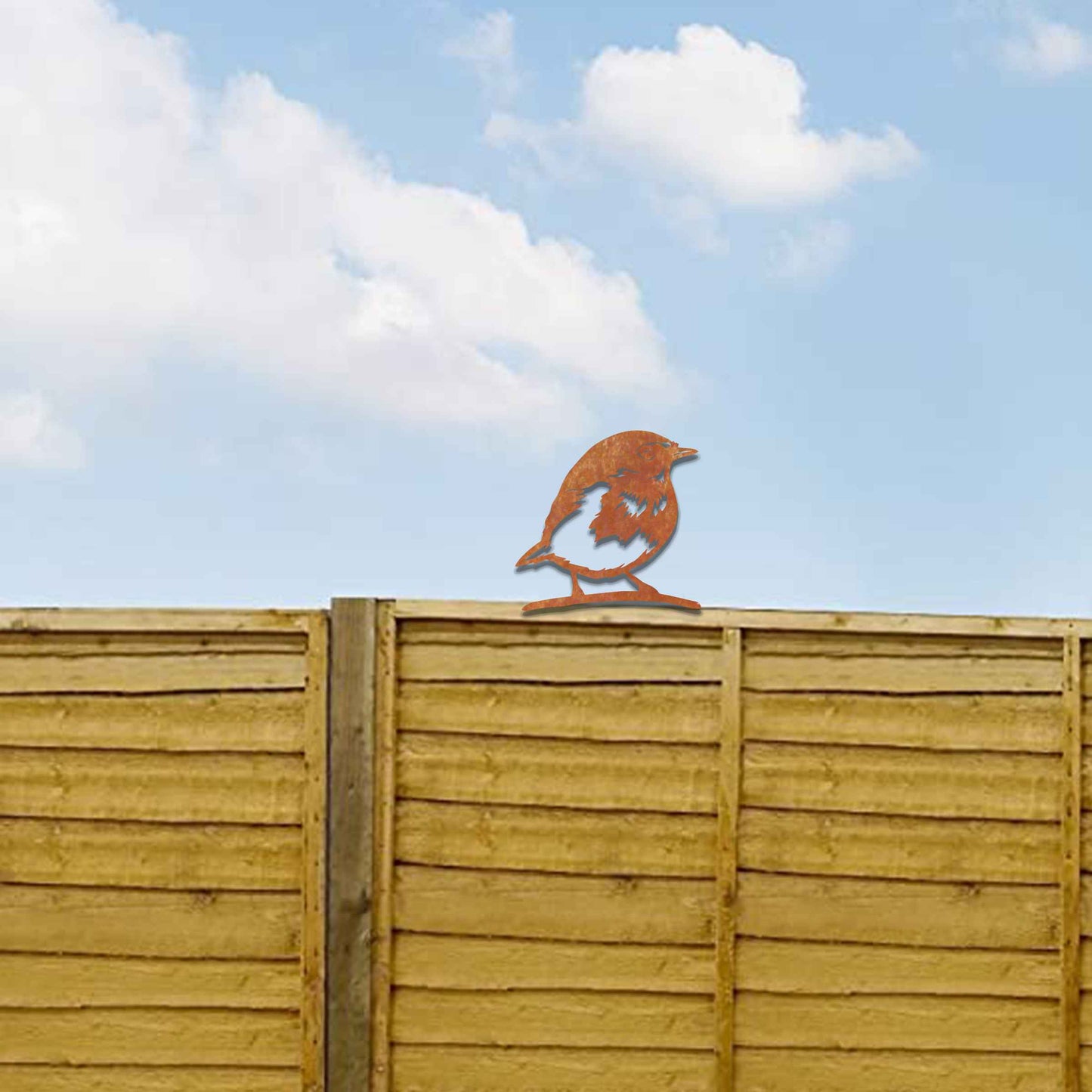 Metal garden decoration featuring a robin silhouette with a rustic finish, designed to sit atop fences or posts, adding a charming and natural touch to outdoor garden spaces.