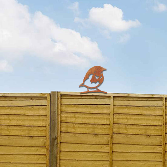 Metal garden decoration featuring a robin silhouette with a rustic finish, designed to sit atop fences or posts, adding a charming and natural touch to outdoor garden spaces.