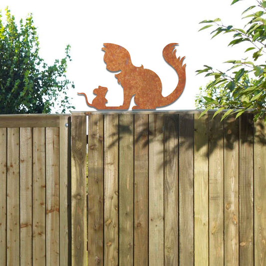 Metal garden decoration featuring a silhouette of a cat and mouse in a playful pose, adding a whimsical and rustic charm to outdoor spaces, perfectly suited for fence tops or garden walls.