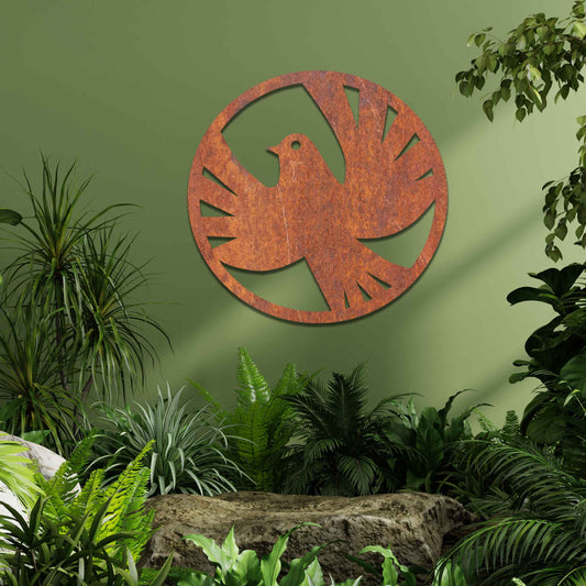 Metal garden decoration featuring a dove silhouette within a circular frame, crafted with minimalist yet elegant detailing, symbolising peace and adding a refined artistic touch to outdoor walls or fences.