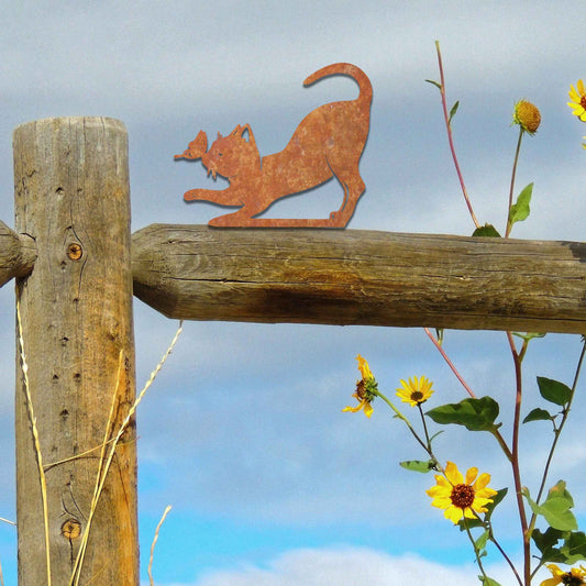 Metal garden decoration featuring a playful stretching cat silhouette with a rustic finish, designed to sit atop fences or posts, adding a whimsical and charming touch to outdoor garden settings.
