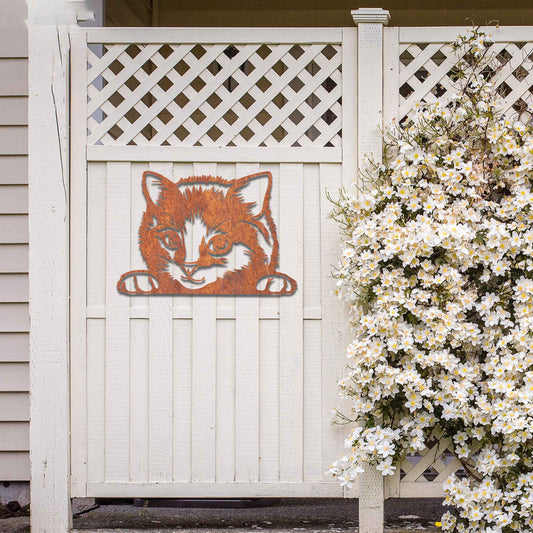 Metal garden decoration featuring a detailed depiction of a curious cat peeking over a ledge, adding a playful and charming touch to outdoor walls, fences, or garden spaces.