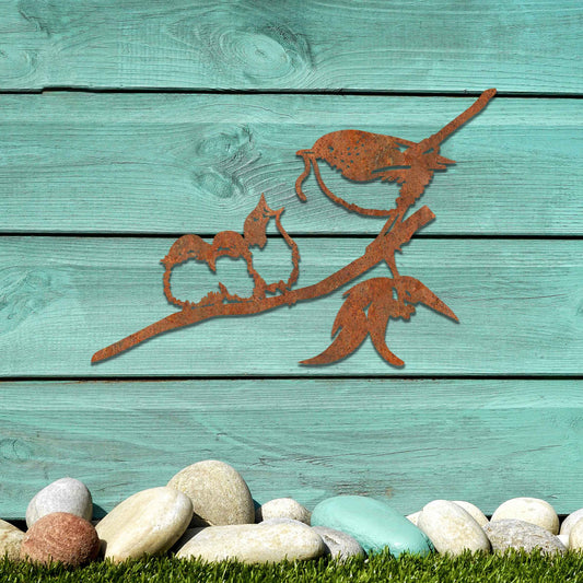 Metal wall art featuring a bird perched on a branch with two smaller birds sitting closely together, crafted in a rustic finish. This piece brings a touch of nature-inspired charm to indoor or outdoor spaces.