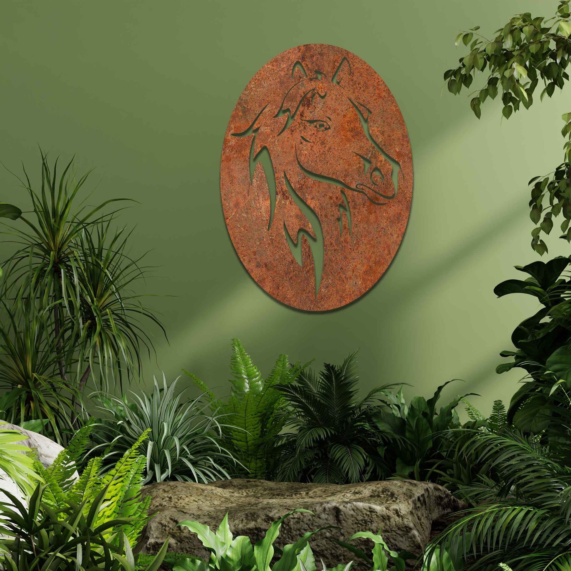 Metal wall art featuring a horse's head within an oval frame, highlighting intricate details of the mane and facial features. The design is bold and dynamic, capturing the strength and elegance of the horse in a stylized and striking manner.