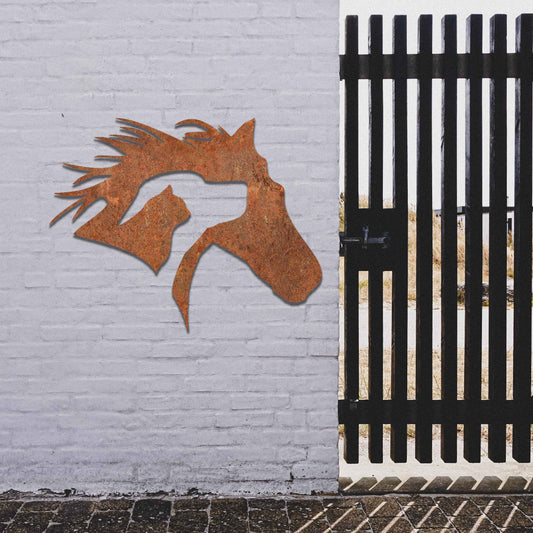 Metal wall art featuring a horse's head with a dog and cat inside, designed with intricate details and flowing lines, perfect for animal lovers.