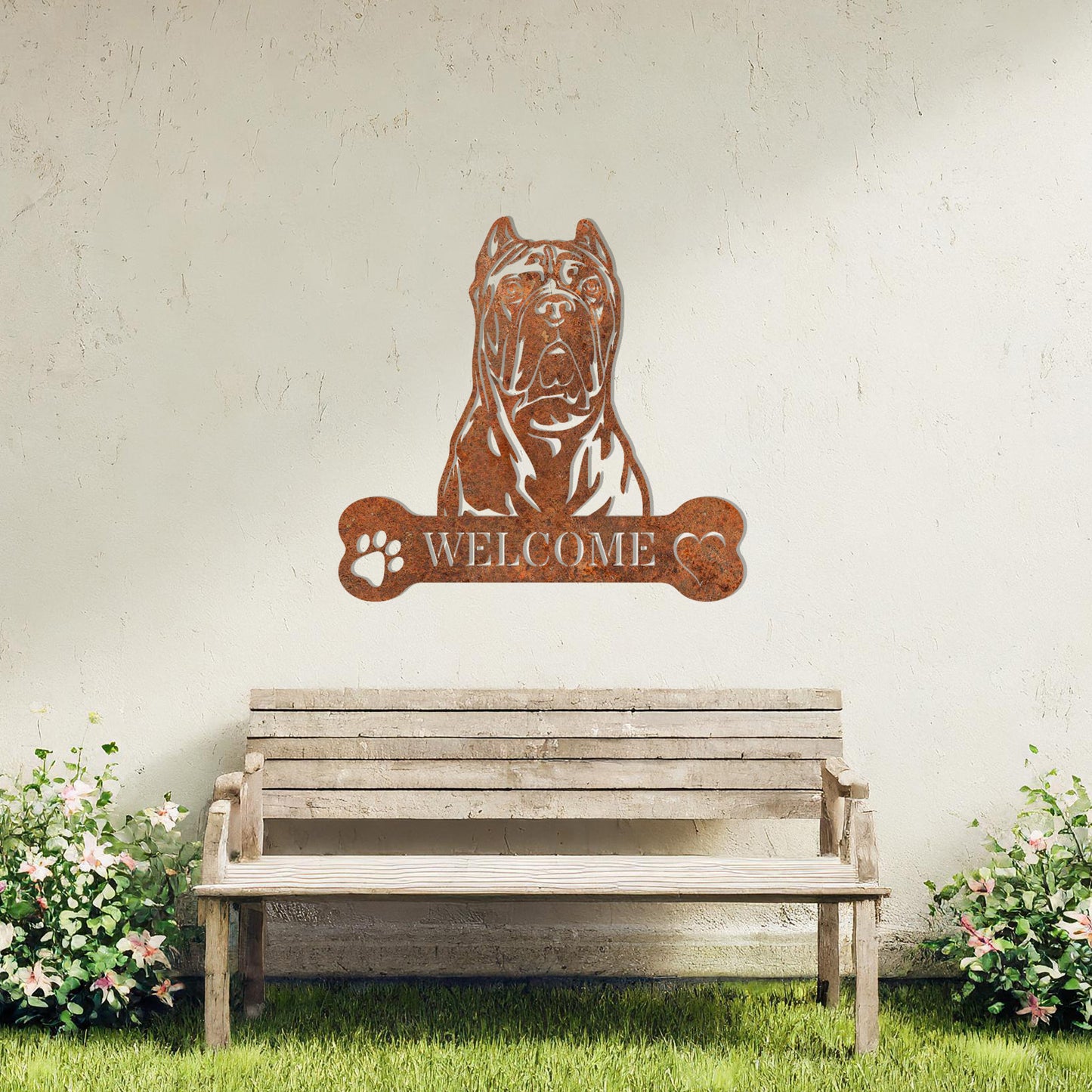 Metal Cane Corso dog design with a bone-shaped 'WELCOME' text and paw prints, perfect for adding a strong and welcoming touch to entryways or outdoor spaces.