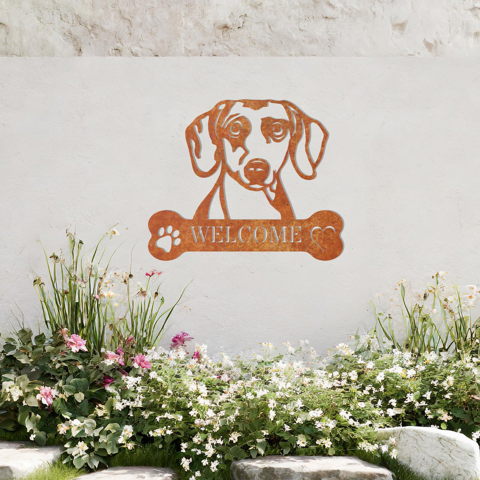 Metal Dachshund dog design with a bone-shaped 'WELCOME' text and paw prints, perfect for adding a charming and welcoming touch to entryways or outdoor spaces.