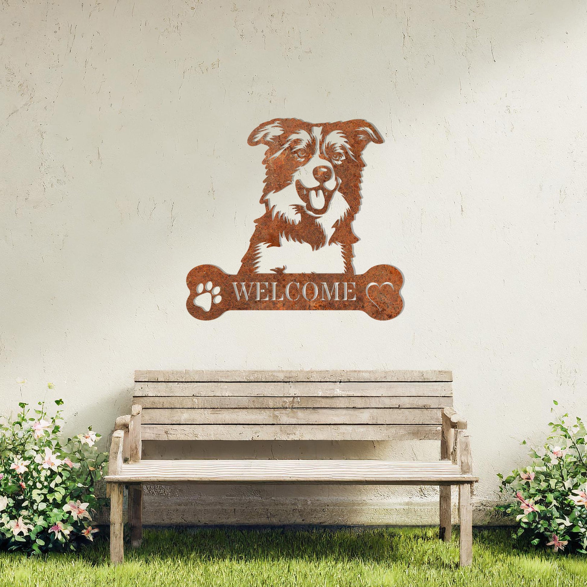 Metal Border Collie dog design with a bone-shaped 'WELCOME' text and paw prints, perfect for adding a friendly and welcoming touch to entryways or outdoor spaces.