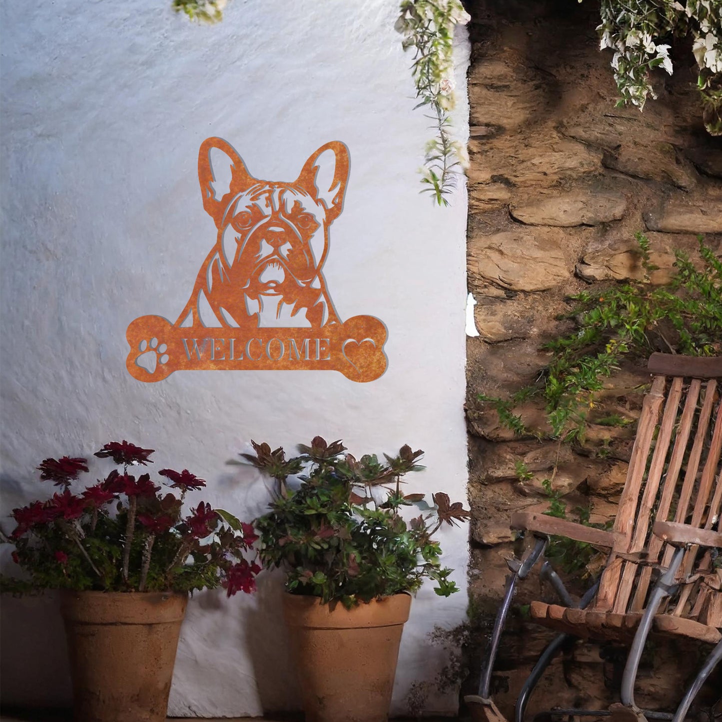 Metal French Bulldog design with a bone-shaped 'WELCOME' text and paw prints, perfect for adding a charming and welcoming touch to entryways or outdoor spaces.