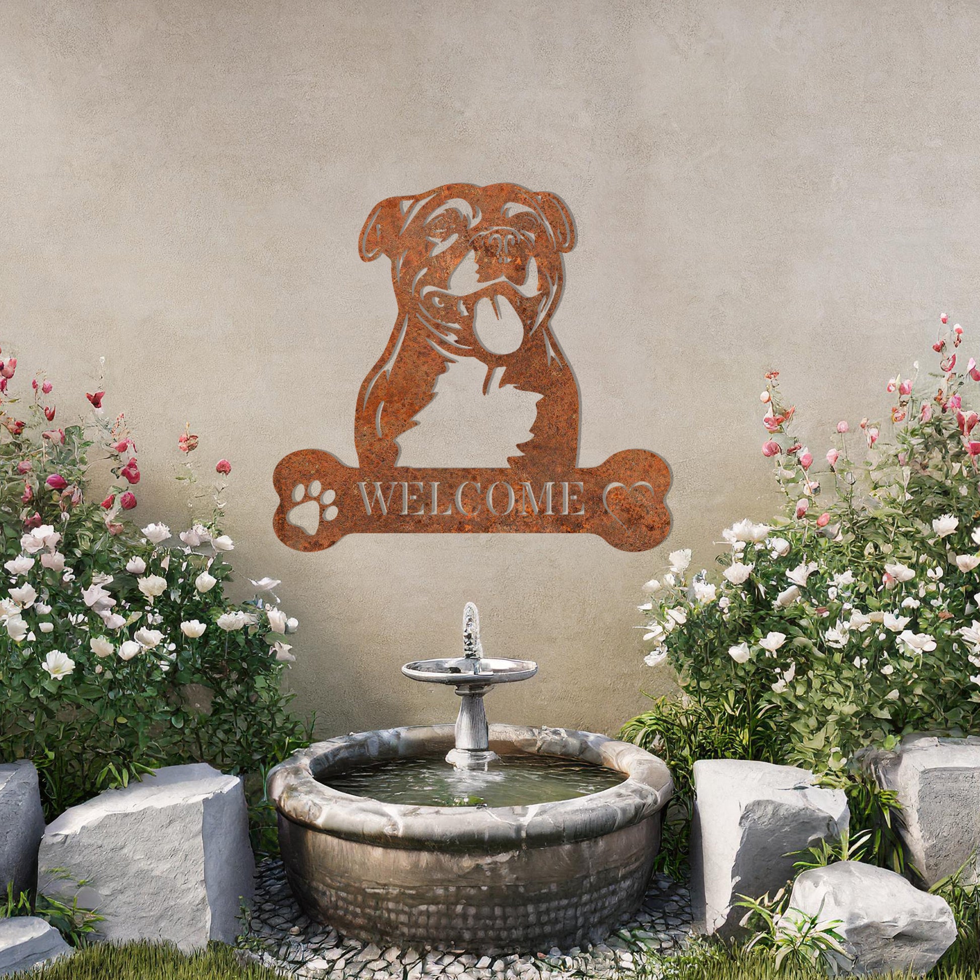 Metal Staff Bull Terrier dog design with a bone-shaped 'WELCOME' text and paw prints, perfect for adding a strong, welcoming touch to entryways or outdoor spaces.