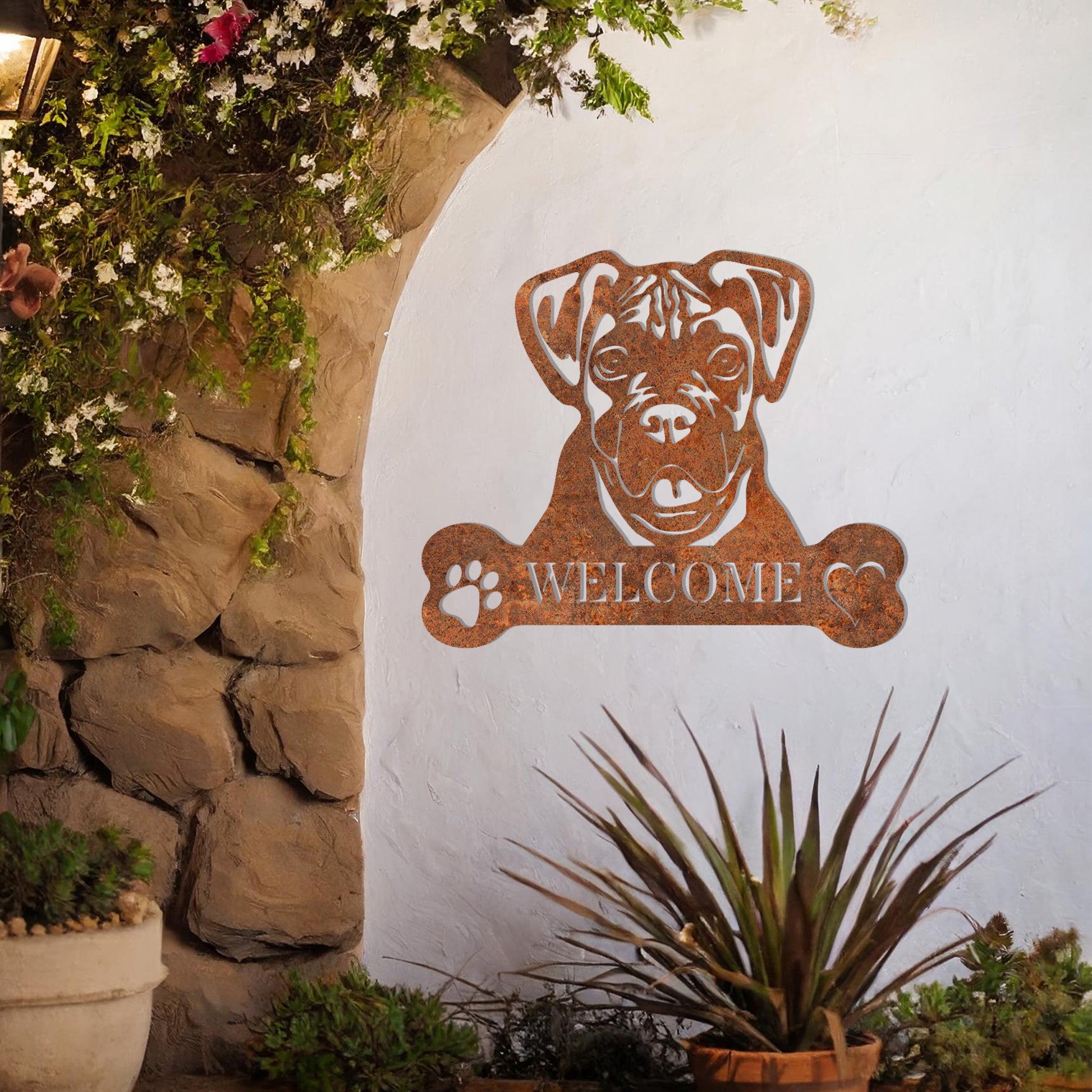 Metal Boxer dog design with a bone-shaped 'WELCOME' text and paw prints, perfect for adding a friendly and welcoming touch to entryways or outdoor spaces.