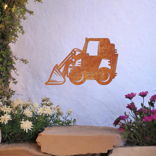 This design highlights a construction vehicle silhouette, featuring a detailed depiction of a backhoe loader with clear lines and bold shapes. Perfect for adding a rugged, industrial charm to a space or as a unique gift for heavy machinery enthusiasts.