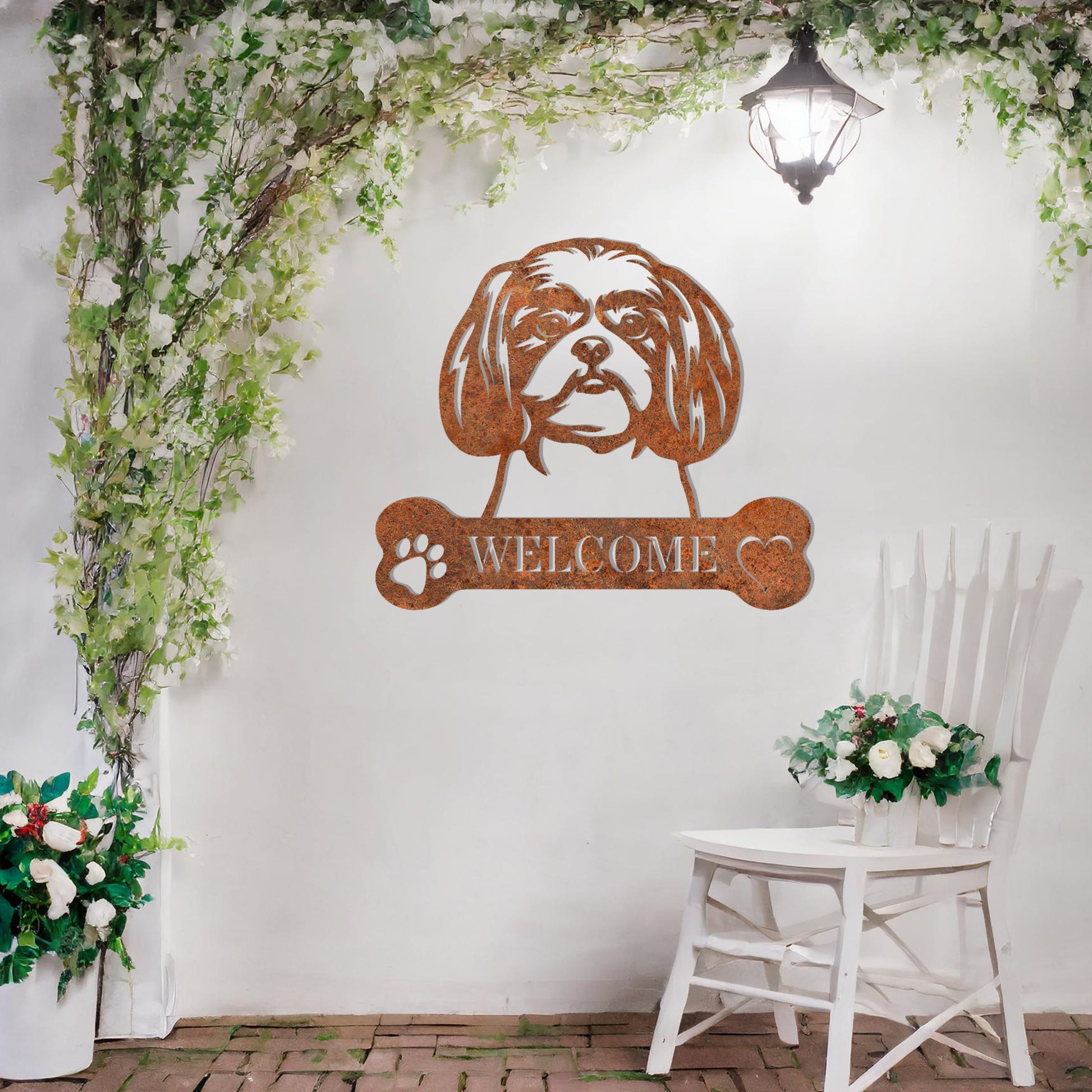Metal Shih Tzu dog design with a bone-shaped 'WELCOME' text and paw prints, perfect for adding a charming and welcoming touch to entryways or outdoor spaces.