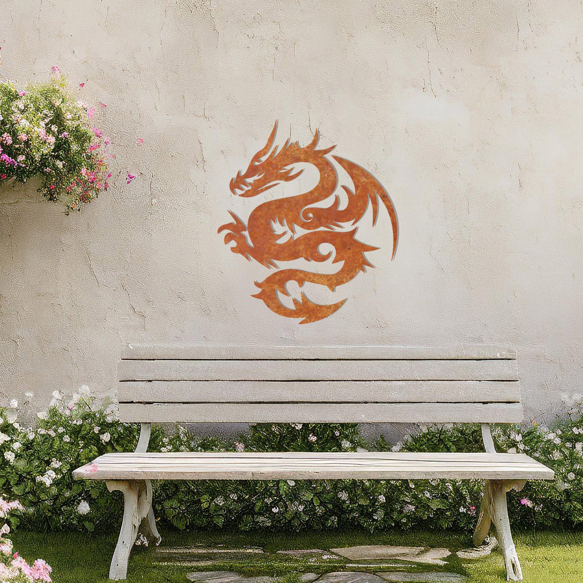 A bold metal wall art design featuring a stylised dragon in a dynamic pose, showcasing intricate curves and sharp details that capture its fierce and mythical essence.
