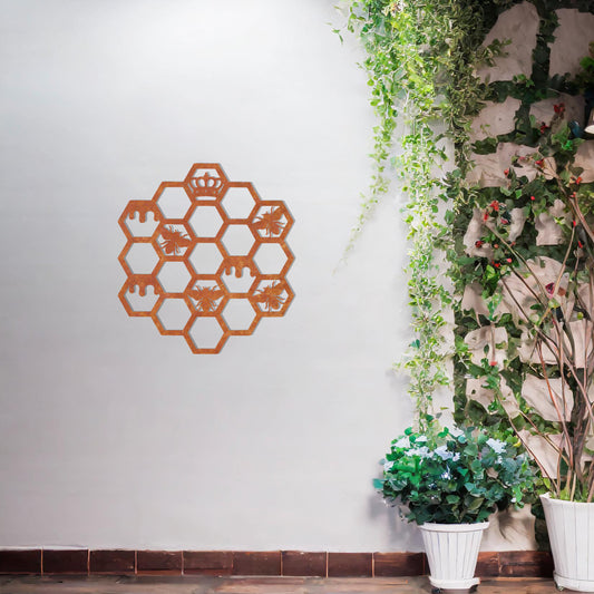 This design showcases a geometric honeycomb pattern with detailed depictions of bees and crowns within the hexagonal cells. The intricate arrangement symbolises the industrious and regal nature of bees, making it a stunning and meaningful decor piece.