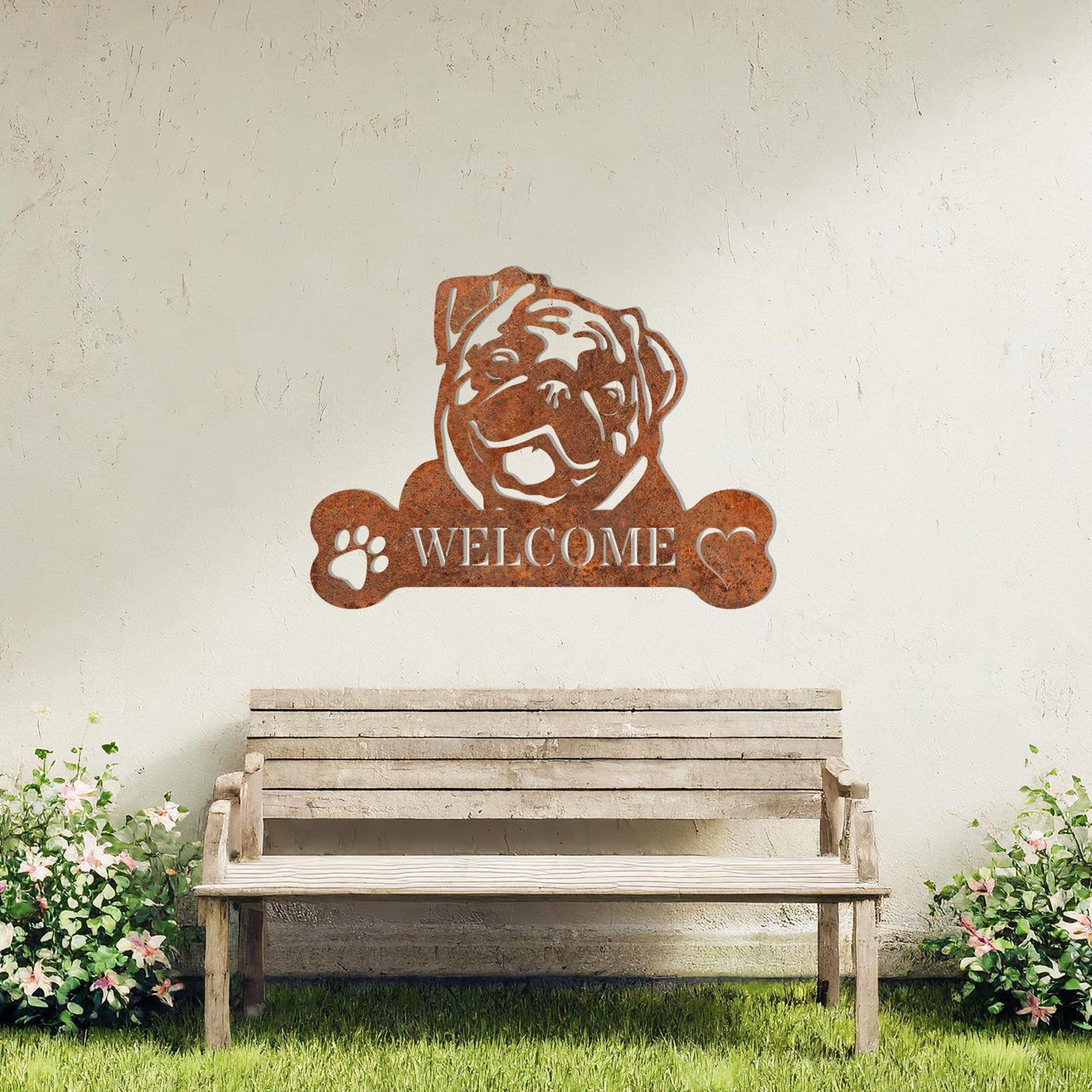 Metal Pug dog design with a bone-shaped 'WELCOME' text and paw prints, perfect for adding a friendly and welcoming touch to entryways or outdoor spaces.