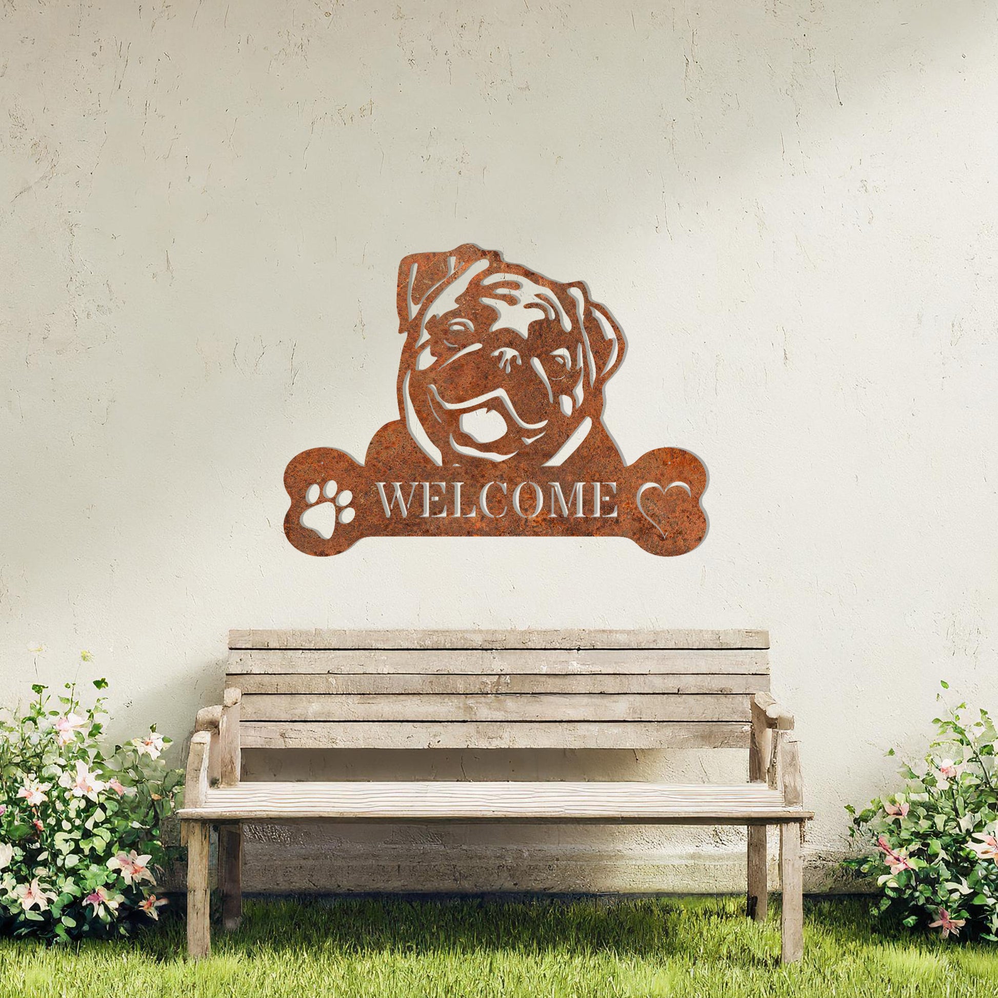 Metal Pug dog design with a bone-shaped 'WELCOME' text and paw prints, perfect for adding a friendly and welcoming touch to entryways or outdoor spaces.