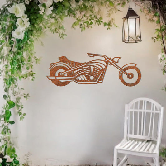 This design features a detailed motorcycle silhouette with sleek curves and dynamic lines, capturing the essence of freedom and adventure. A bold and striking wall art piece for motorbike enthusiasts.