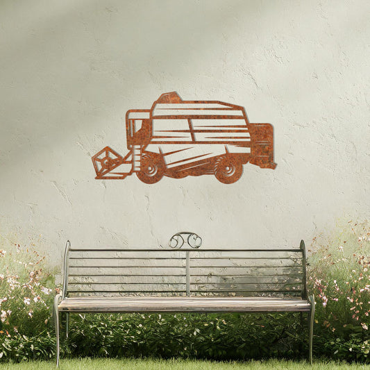 This wall art features a detailed depiction of a combine harvester, showcasing intricate lines and precise cuts that highlight its machinery and structure. Ideal for agricultural-themed spaces or as a gift for farming enthusiasts.