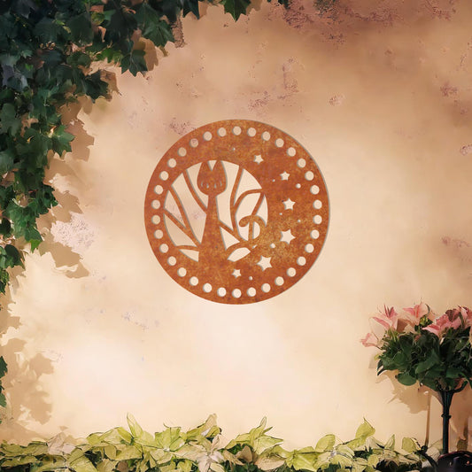 This artwork showcases a circular design featuring a sleek cat silhouette surrounded by stars and curved elements, giving a celestial and whimsical touch. The detailed frame adds a decorative flair, making it perfect for enhancing any wall space.