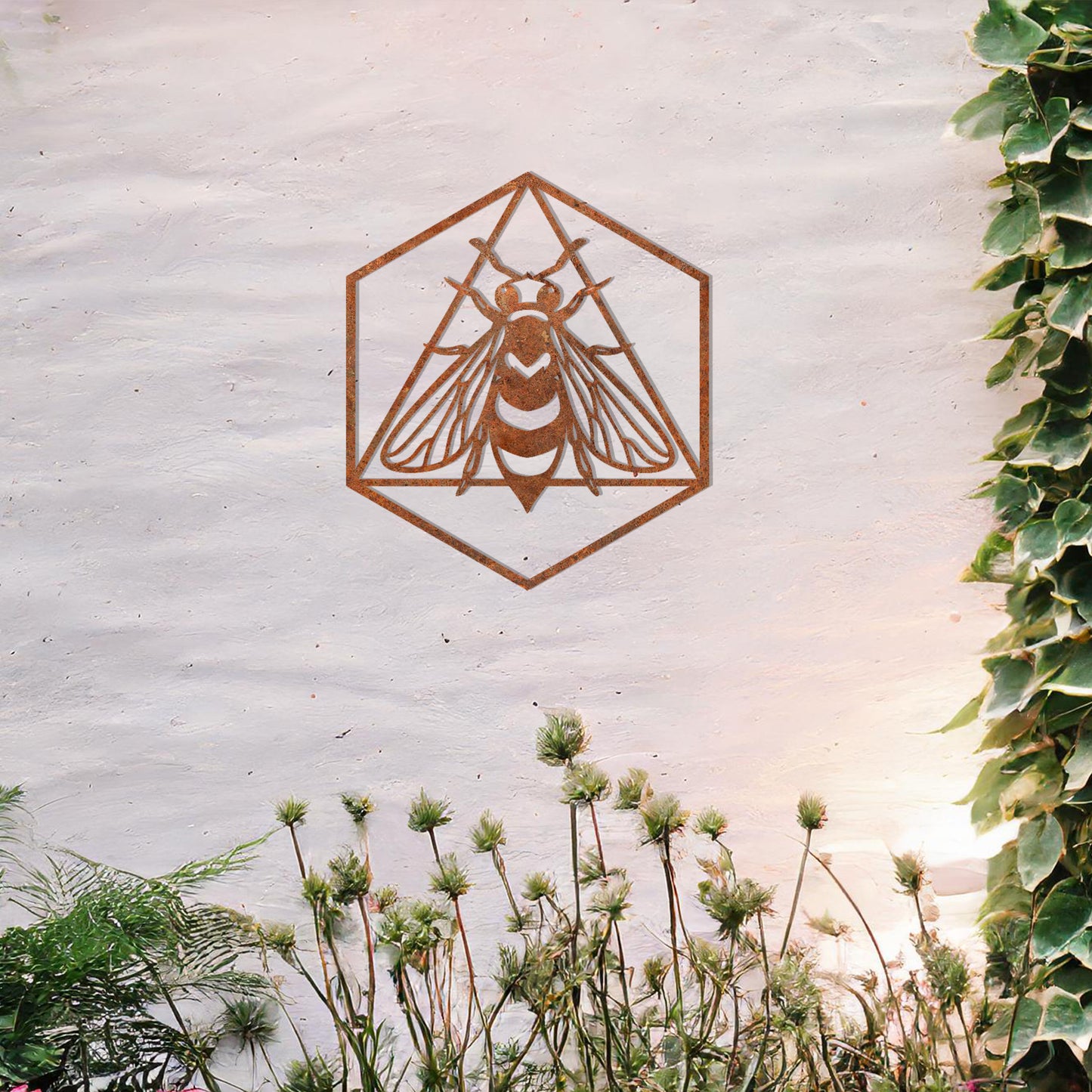 This design features a geometric hexagonal frame encasing a detailed bee motif, symbolising industriousness and nature's harmony. A modern yet naturalistic artwork, perfect for adding a stylish touch to any interior or exterior space.