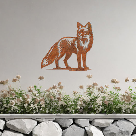 Metal wall decoration featuring a fox design with detailed fur patterns, adding a sleek and elegant touch to outdoor or indoor spaces, displayed against a neutral background to enhance its artistic appeal.
