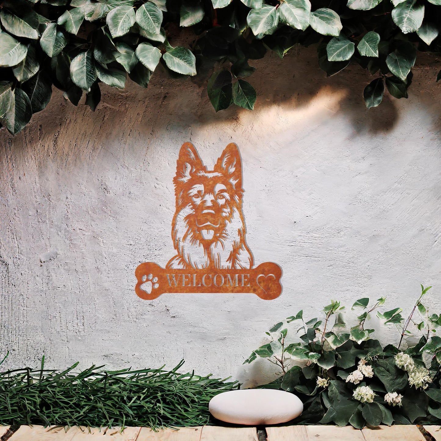 Metal German Shepherd dog design with a bone-shaped 'WELCOME' text and paw prints, perfect for adding a strong and welcoming touch to entryways or outdoor spaces.
