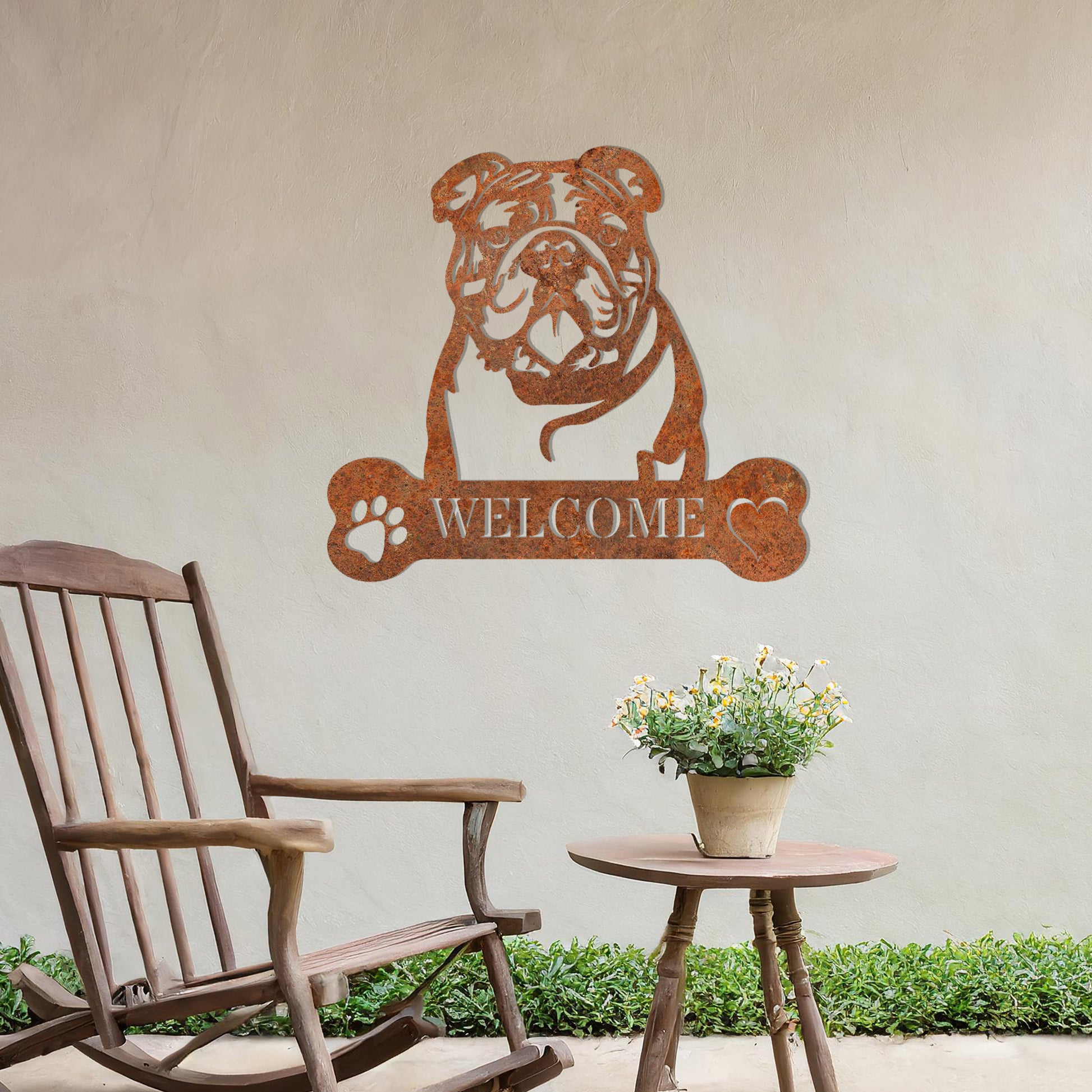 Metal Bulldog dog design with a bone-shaped 'WELCOME' text and paw prints, perfect for adding a friendly and welcoming touch to entryways or outdoor spaces.