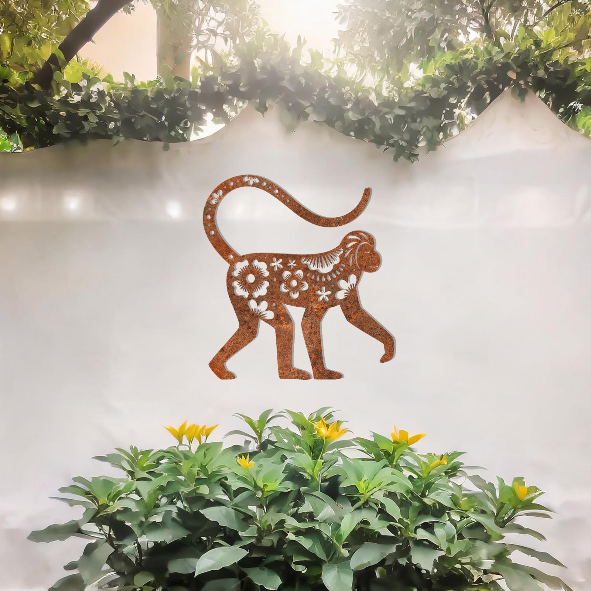 This design showcases a playful monkey adorned with floral patterns and intricate details. The artistic use of flowers and decorative elements within the silhouette gives the piece a whimsical and elegant charm, perfect for enhancing indoor or outdoor settings with a tropical or exotic theme.