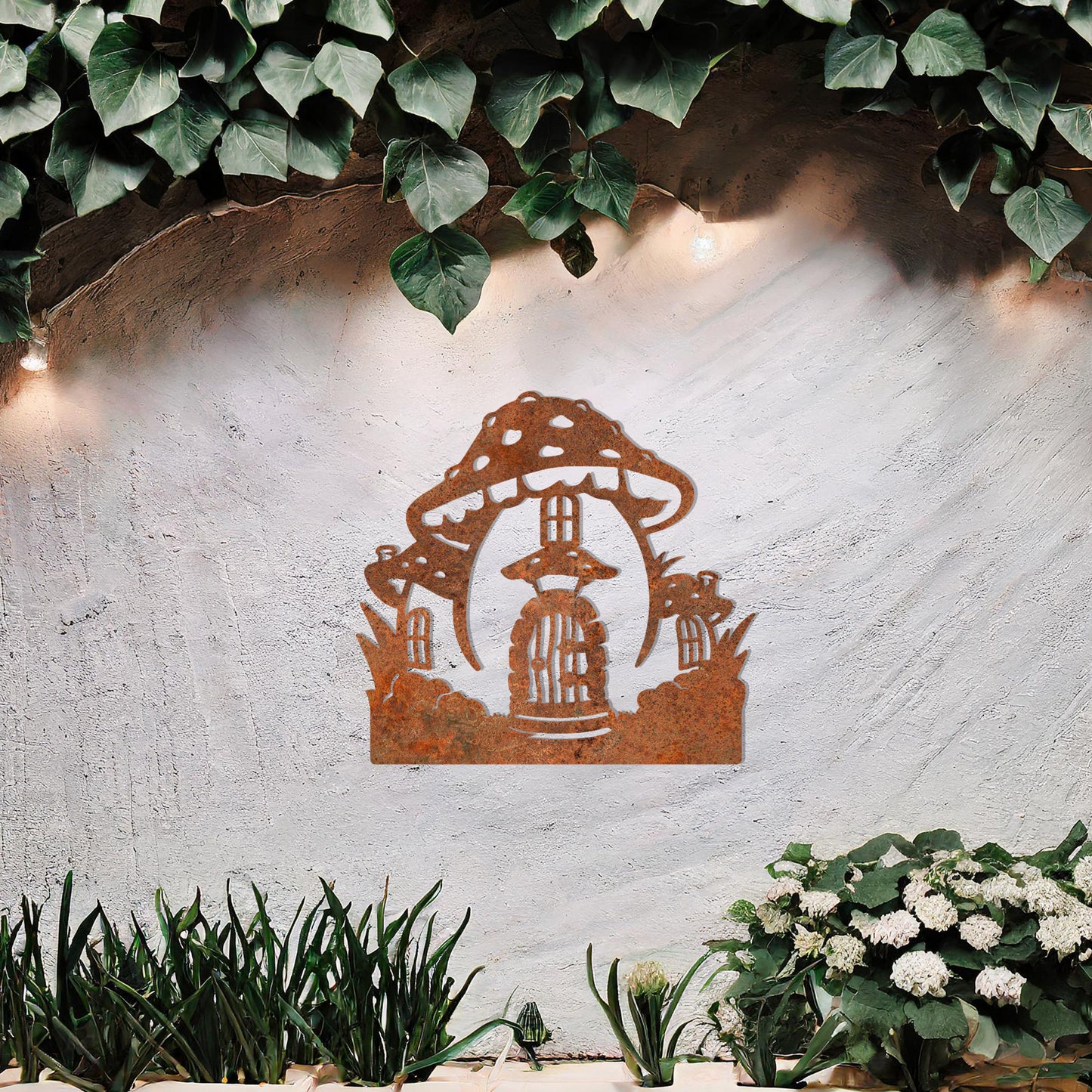 Metal garden decoration featuring a whimsical mushroom house design with intricate windows, a detailed door, and playful accents, adding a touch of fairy-tale charm and creativity to outdoor spaces.