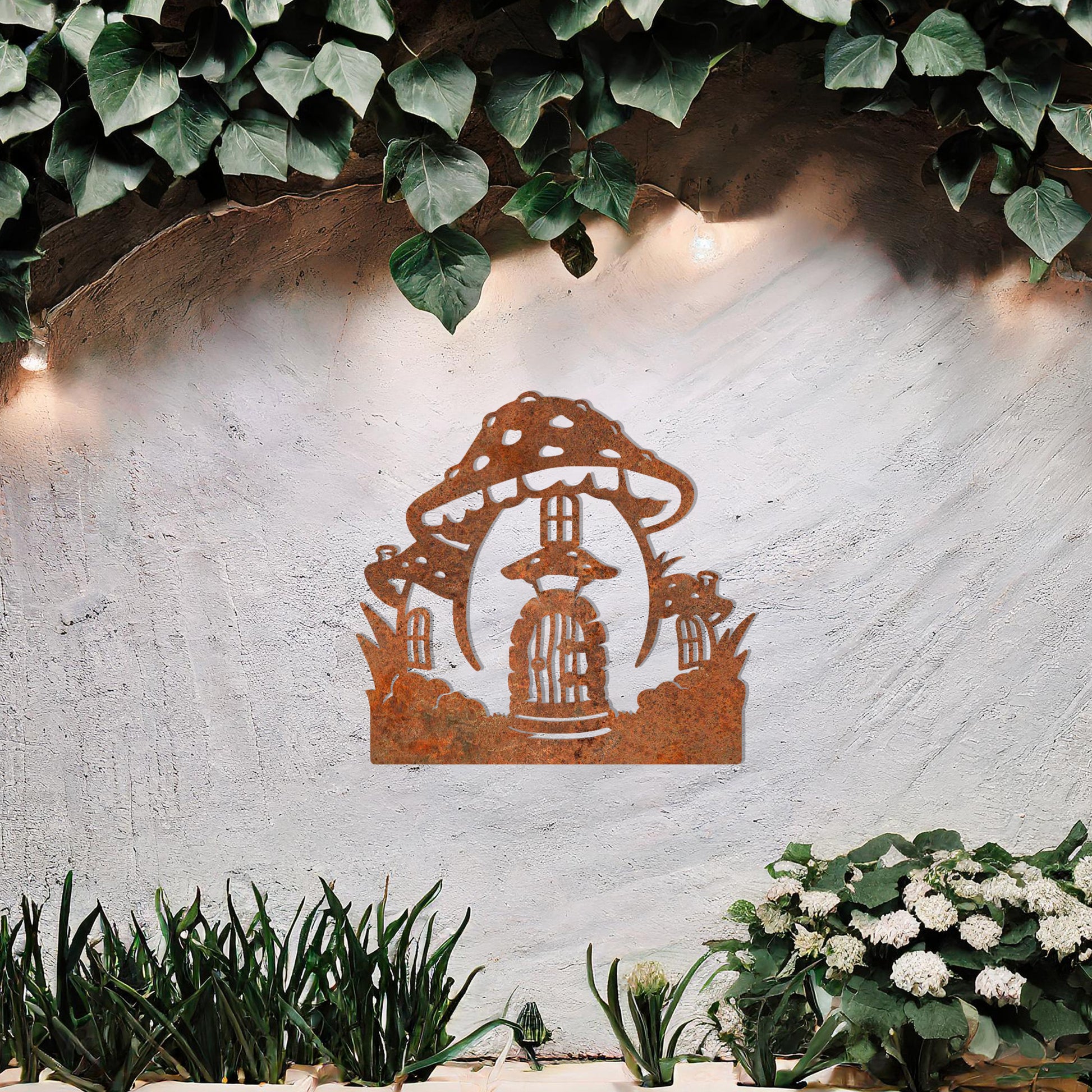 Metal garden decoration featuring a whimsical mushroom house design with intricate windows, a detailed door, and playful accents, adding a touch of fairy-tale charm and creativity to outdoor spaces.