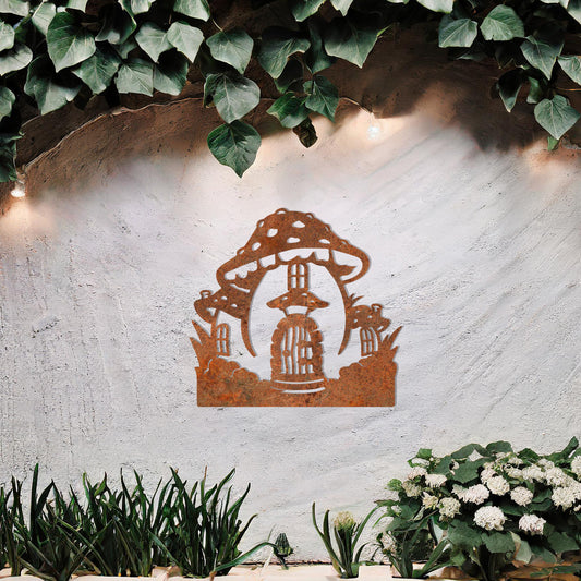 Metal garden decoration featuring a whimsical mushroom house design with intricate windows, a detailed door, and playful accents, adding a touch of fairy-tale charm and creativity to outdoor spaces.